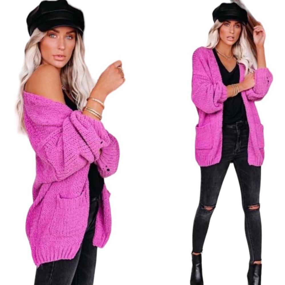 96. Women’s Dusty Pink Chunky Chenille Cable Knit Cardigan NWT